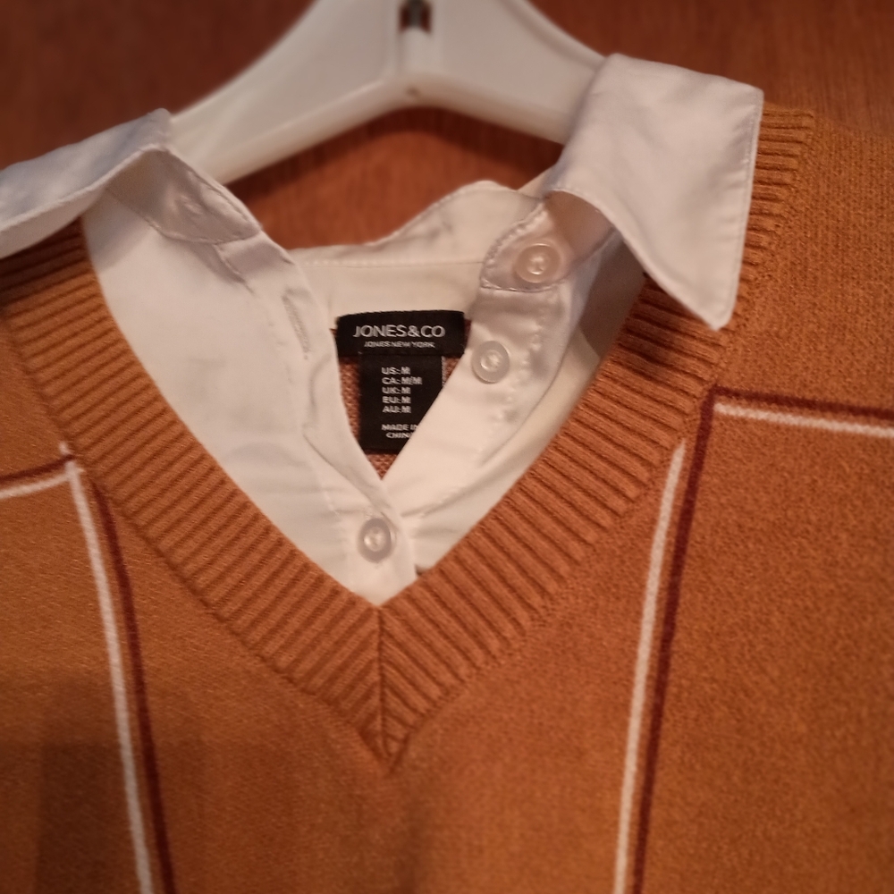 Jones & Co. Vneck Sweater with attached shirt women's medium,  mustard yellow